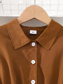 女童碎花连衣裙，搭配棕色衬衫式上衣、蝴蝶结腰带、长袖荷叶边下摆，优雅休闲装扮 - 棕色 - 查看 3