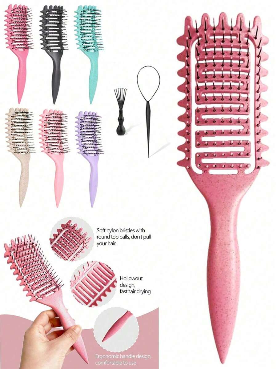1pc Solid Color Curling Hair Brush, Made Of Nylon And Buckwheat Straw, Massage Function, Suitable For Dry And Wet Hair, Detangle And Smooth Hair, Suitable For All Styles And All Women With Curly Hair, Compact And Portable, Great Gift For Valentine's Day, Hair Accessories, Hair Styling Kit, Hair Tool Kit, Home Beauty Women Accessory Gifts ,Comb Hair ,Hair Styling Tools