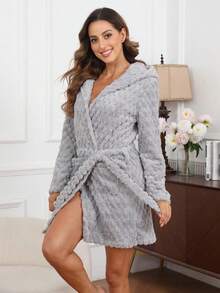 Furry Hooded Waist Tie Casual Sleepwear Fluffy Robe, Fall Winter, Cozy Outfits - Grey - View 6