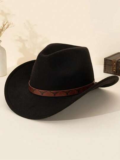 1 件男女通用西部牛仔礼帽，配有可拆卸 PU 装饰腰带 - 由涤纶毡制成，黑色带棕色装饰，非常适合休闲穿着、圣诞派对和主题活动