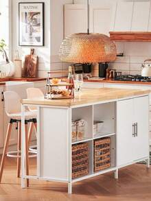 Kitchen Island Storage Cupboard Sideboard Kitchen Breakfast Dining Bar Table Bar Cabinet White And Natural W170 X D60 X H89cm KNL09-WN - White - View 2