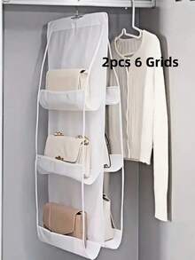 1 pieza Bolsa de almacenamiento con 6/8 compartimentos ahorradora de espacio, organizador colgante de varios niveles para carteras y billeteras, adecuado para armario, clóset, estantería de almacenamiento, diseño plegable, fácil de guardar cuando no se usa, portátil. Aplicable a dormitorio, sala de estar, pasillo, armario, clóset o estanterías. - Blanco - Ver 14