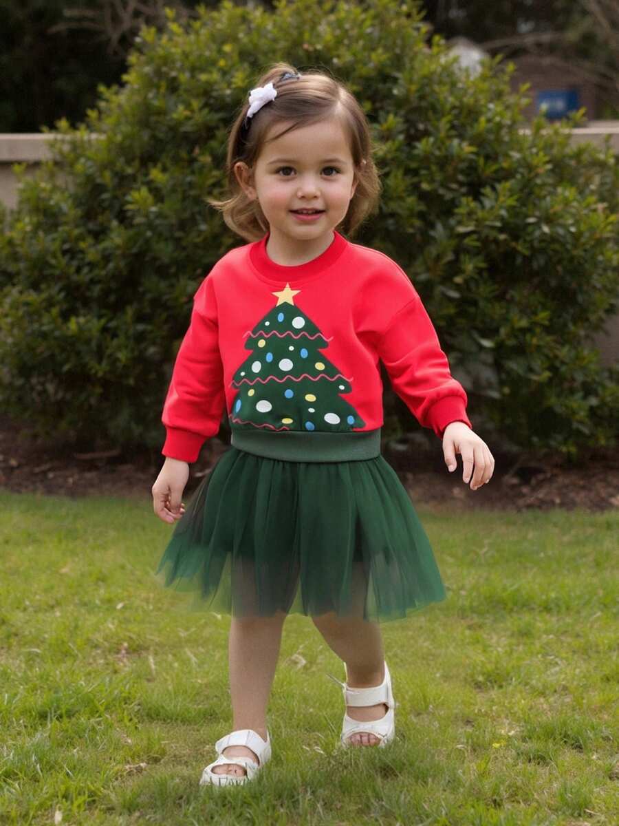 Conjunto de 2 piezas de sudadera de manga larga y falda de malla con estampado de árbol de Navidad para niña pequeña - Rojo - Ver 1