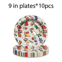 Juego de 60 piezas de vajilla con temática navideña, suministros para fiesta de Navidad feliz, platos de papel de 9"/7", vasos para bebidas, tazas de café y servilletas - Multicolor - Ver 13