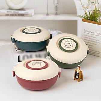 Portable Double Layer Round Lunch Box Compartments Plastic Salad Box Microwave With Spoon And Fork Food Storage Container Kids