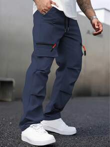 Men's Autumn & Winter Outdoor Workwear Straight-Leg Pants: Large Zippered Pockets, Elastic Drawstring Waist, Slant Pockets-Perfect For Trekking, Fishing, Camping, Climbing, Sports, Fitness, Running And Casual Wear. - Navy Blue - View 4