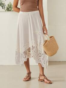 Women's Long Skirt Loose Fit Stylish Solid Color Lace Flower Hem Slit Low Rise Skirt For Summer - White - View 4