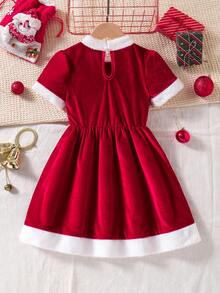 Vestido de felpa para niñas en Navidad, de manga corta con cuello esponjoso, decoración con botones lindos, esencial para fiestas navideñas. La tela de felpa se ve exquisita, manga corta + cuello esponjoso, botones blancos que hacen eco de los elementos navideños. Silueta de vestido lindo, adecuado para galas navideñas, sesiones de fotos de vacaciones para padres e hijos, las niñas pueden usar para eventos temáticos de Navidad, otoño/invierno. - Rojo - Ver 2