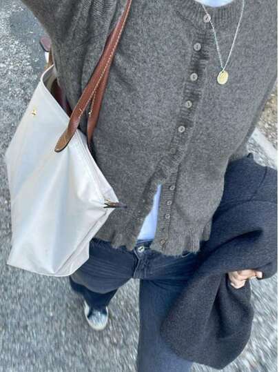 Cárdigan de punto de unicolor con volantes, cierre con botones, adecuado para citas, vacaciones, uso diario, viajes, otoño/invierno