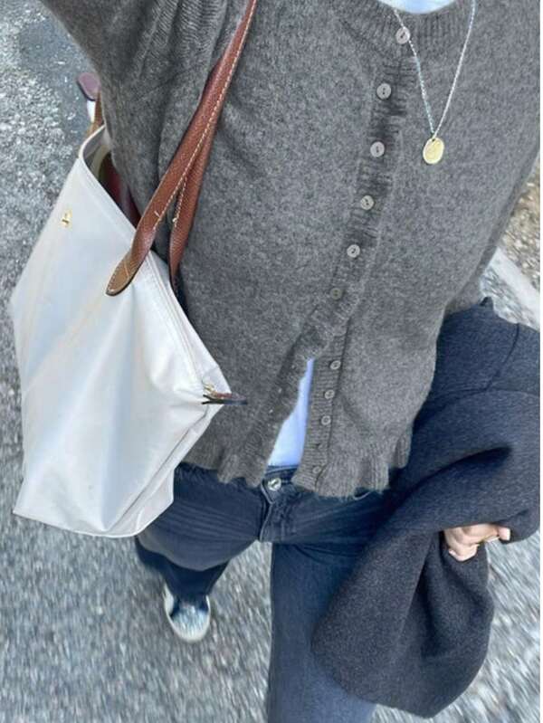 Cárdigan de punto de unicolor con volantes, cierre con botones, adecuado para citas, vacaciones, uso diario, viajes, otoño/invierno