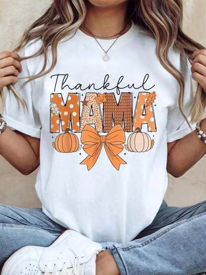 100% Cotton Thanksgiving Graphic Women T Shirt Thankful Mama Coquette Fall Pumpkin Spice Thanksgiving Women T-Shirt100% Heavy Cotton T-Shirt Graphic Tees Women