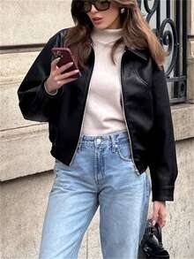 Women's New PU Jacket, Loose Casual Style, Autumn/Winter - Black - View 4