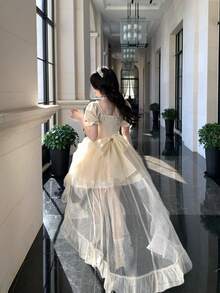 2025 New Arrival Half Love Word Big Ribbon Princess Dress Jacquard Fluffy Fine Glitter Trailing Dress Birthday Dress - Apricot Skirt - View 10