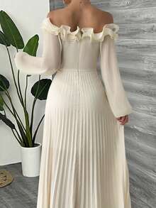 Women's Elegant Off Shoulder Pleated Ruffle Hem Dress, Suitable For Banquet And Party, Autumn/Winter - Apricot - View 4