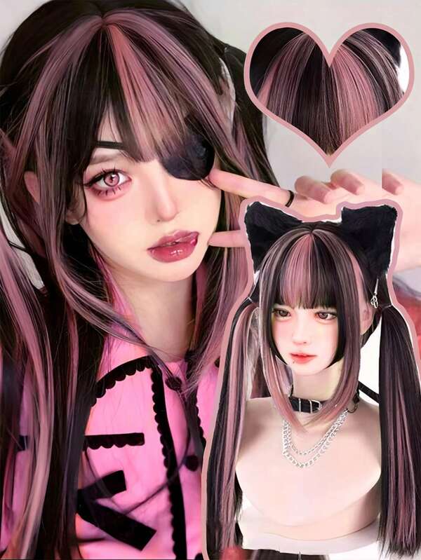 Peruca sintética longa preta vermelha rosa cosplay lolita harajuku peruca com franja natural ondulada halloween vermelho perucas diárias perucas sintéticas longas e retas pretas com mechas vermelhas peruca cosplay com franja para mulheres cabelo natural fibra resistente ao calor