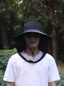 1pc Sun Hat With Anti-Mosquito Net Mesh Face Cover, Unisex Outdoor Fishing, Hiking, Sun Protection Wide Brim Breathable Net Mask Hat