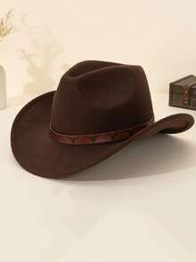 1 件男女通用西部牛仔礼帽，配有可拆卸 PU 装饰腰带 - 由涤纶毡制成，黑色带棕色装饰，非常适合休闲穿着、圣诞派对和主题活动