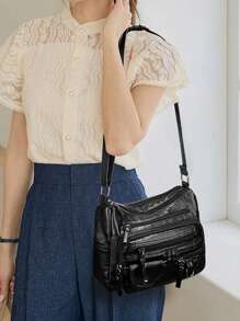 柔软多拉链口袋单肩包防水复古 PU 皮革斜挎包可调节肩带纯色 - 黑色 - 查看 11