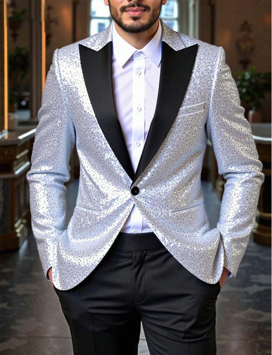 Men's Suit Party Jacket, Half Neck Sequin Suit Jacket, Suitable For Attending Dances And Parties, Is The Best Gift For Husbands To Attend Parties - Bạc - Xem 1