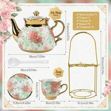 20-Piece Porcelain Tea Set With Metal Stand - Elegant European Floral Tea Cups & Saucers Set, Gold-Trimmed Coffee Service W/ EPS Foam Packaging, Stackable Porcelain Cups & Saucers For Afternoon Tea Gift - 款式2 - 查看 10