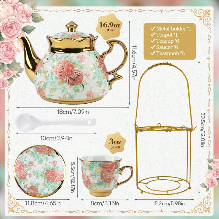 20-Piece Porcelain Tea Set With Metal Stand - Elegant European Floral Tea Cups & Saucers Set, Gold-Trimmed Coffee Service W/ EPS Foam Packaging, Stackable Porcelain Cups & Saucers For Afternoon Tea Gift - 款式2 - 查看 10