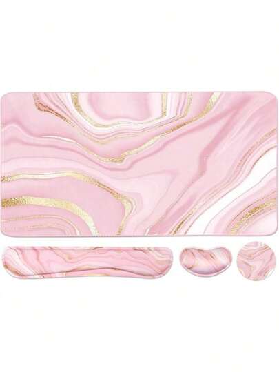 Keyboard Mouse Pad Set, Extended Mouse Pad+Keyboard Wrist Rest Support, Memory Foam Ergonomic Easy Typing, 3Pcs (35.4*15.7 In) Desk Pad Set For Home Office Study Game- Pink Gold