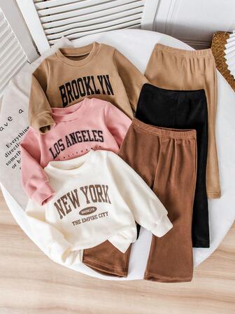 Bhchntiy 6件套女婴秋冬新款毛绒纽约洛杉矶布鲁克林城市字母印花毛绒圆领纯色运动衫和纯色裤子休闲时尚装