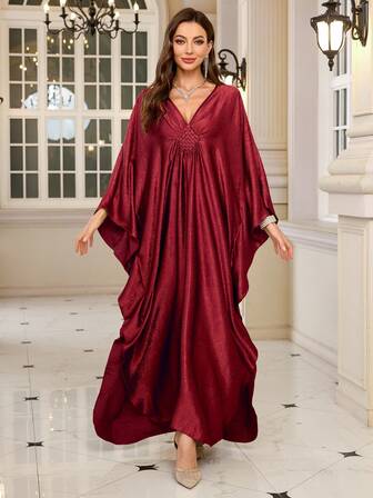 Elegant Women's Burgundy Satin Kaftan Dress Batwing Sleeve House Dress Lounge Wear Dress