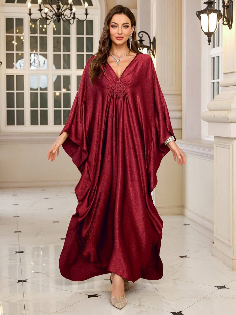 Elegant Women's Burgundy Satin Kaftan Robe, Batwing Sleeve Casual Dress Eid Spring - Màu Đỏ Sâu - Xem 1