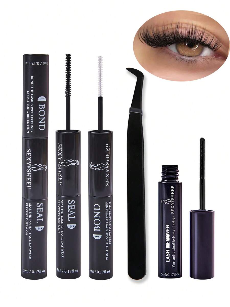 10ml Eyelash Glue And Sealant, Super Strong Adhesive For DIY Eyelash Extension, 5ml Eyelash Glue Remover, Eyelash Tweezers Set, 48-72 Hour Waterproof Cluster Eyelash Glue, Eyelash Extension Kit, Makeup Tools - Black - View 1