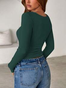 Women Spring And Fall Long Sleeve Shirts Ribbed Crewneck Fitted Basic Tee Going Out Tops Casual Workout Vacation Outfits - 深綠色 - 查看 2
