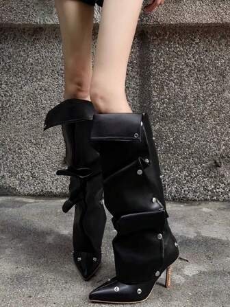 Fall/Winter Button Patchwork Convertible Tall Boots, Summer 2025 New Arrival Hot Lady High Heels Fashion Boot, Pointed Toe Slim Stiletto Long Tube Boot For Women,Y2k Shoes,Black Boots