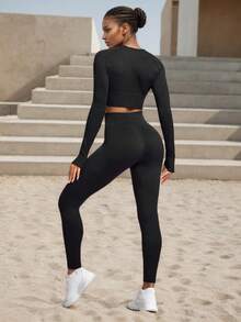 2 Pieces Women's Elegant Solid Color Long Sleeve Top And Leggings Set, Autumn