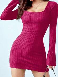 Women's Pullover Sweater Dress Casual Long Sleeve Cute Ribbed Knit Dress Square Neck Solid Color Bodycon Mini Sweaters Dresses Fall Winter Clothes - Màu Hồng Tươi - Xem 4