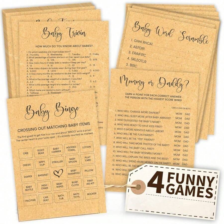 41pcs, Shower Games - Shower Riddles Shower Word Puzzles Floral Shower Activities 20 Guest Riddles Mom Or Dad Shower Decoration Games, Double-Sided Printing With Answer Cards - Wood Color - View 1