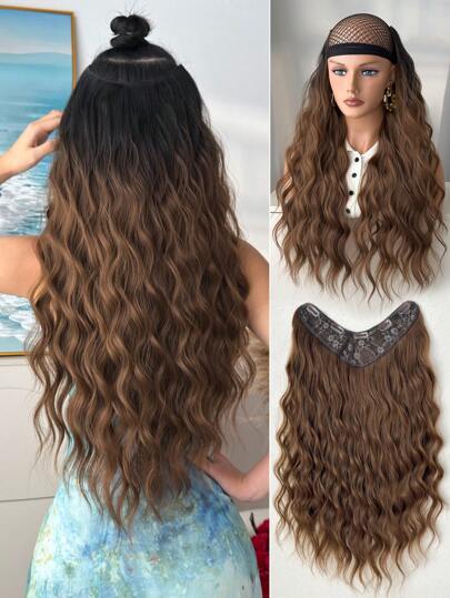 Extensiones de cabello con clip en forma de V de 24 pulgadas de largo, ondas de agua, resistentes al calor, fibra sintética para mujeres y niñas, uso diario y de fiesta