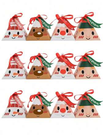 12pcs Festive Christmas Gift Boxes - Pre-Assembled Triangle Treat Containers With Ribbons, Cartoon Christmas Snowman & Santa Claus & Reindeer Design For Christmas Decor, Christmas Gift Wrapping Supplies