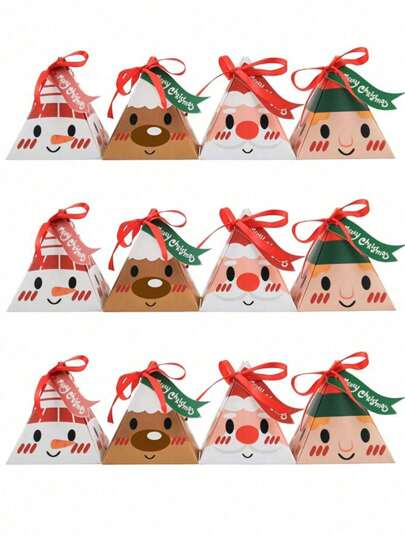 12pcs Festive Christmas Gift Boxes - Pre-Assembled Triangle Treat Containers With Ribbons, Cartoon Christmas Snowman & Santa Claus & Reindeer Design For Christmas Decor, Christmas Gift Wrapping Supplies