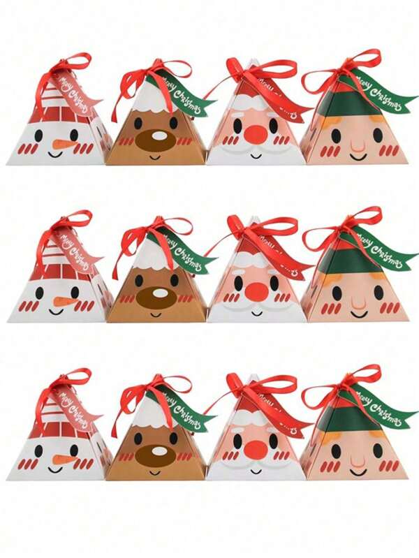12pcs Festive Christmas Gift Boxes - Pre-Assembled Triangle Treat Containers With Ribbons, Cartoon Christmas Snowman & Santa Claus & Reindeer Design For Christmas Decor, Christmas Gift Wrapping Supplies