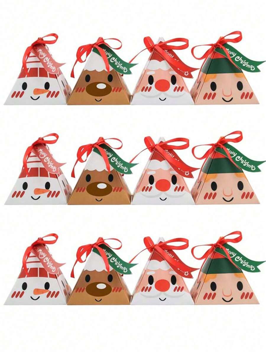 12pcs Festive Christmas Gift Boxes - Pre-Assembled Triangle Treat Containers With Ribbons, Cartoon Christmas Snowman & Santa Claus & Reindeer Design For Christmas Decor, Christmas Gift Wrapping Supplies - Multicolor - View 1