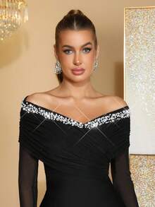 新款手工串珠水钻装饰性感露肩长袖紧身连衣裙，优雅适合婚礼宾客、节日派对、女士正式晚礼服 - 黑色 - 查看 9