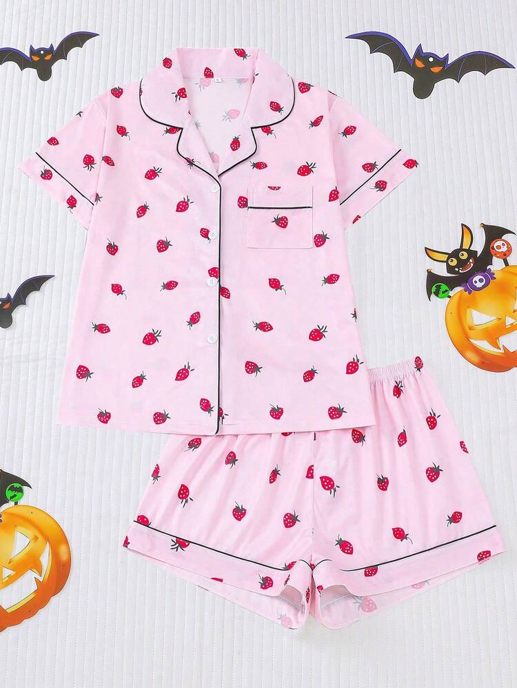 HOREA 2-Piece Summer Strawberry Print Women Lounge Set, Short Sleeve Polo Collar Cardigan Top And Elastic Waist Shorts, Casual Pajamas & Homewear Set For Women, Spring Autumn - Pink - View 10