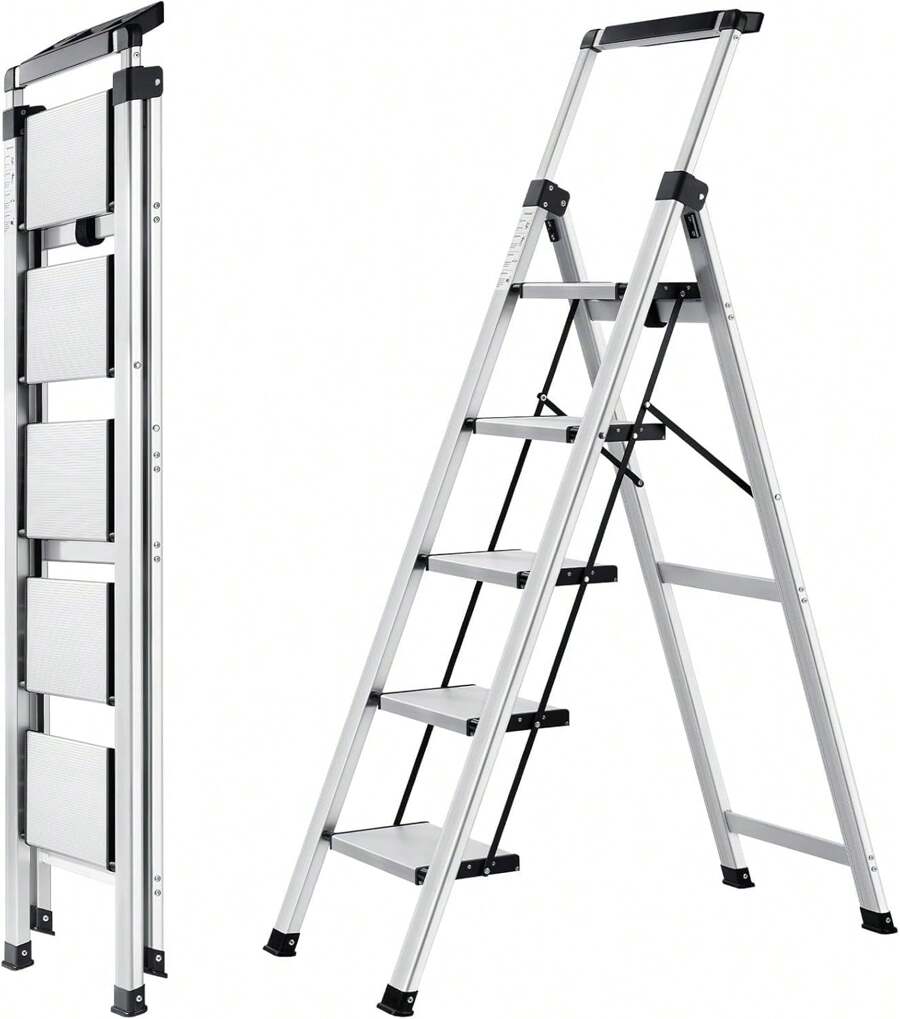 Step Ladder 5 Step, Aluminum Folding Step Stool With Retractable Handgrip & Removable Tool Tray, Lightweight Stepladders For High Closet, 330LBS Household 5 Step Ladder - Silver - Silver - View 1