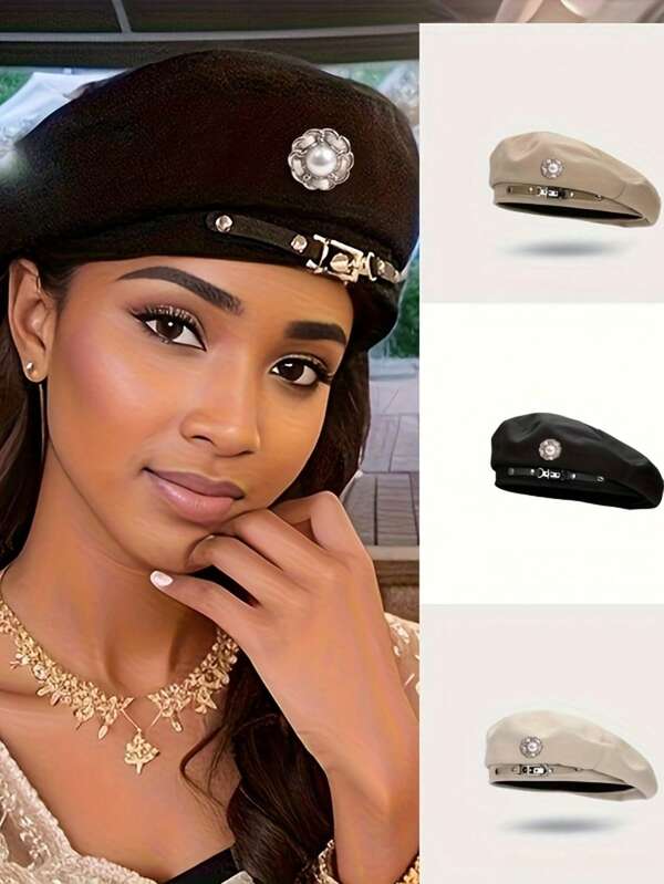 1 peça de boina feminina fashion, boné retrô de artista britânica com fivela de cinto e decoração de pérolas, chapéu octogonal, chapéu de viagem casual, adequado para festas e eventos, outono/inverno