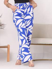 Loose Floral Palazzo Pants, Summer, Elastic Waist, Knife Pocket, Dune Fabric - 藍色和白色 - 查看 3
