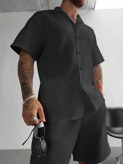 2pcs Plus Size Men's Summer Set, Lightweight Breathable Cuban Linen Shirt And Drawstring Shorts, Casual Beach Wedding Party Vacation Travel Outfit, Father's Day Gift For Husband, Dad, Boyfriend