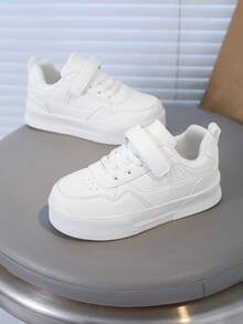 Kids White Thick Sole Sneakers, Hook And Loop Design Easy On/Off Casual Trainers, Suitable For Daily Wear & Outdoor Sports, Boys & Girls