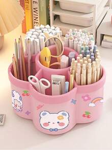 1pc Rotating Pen Holder Organizer, High Capacity, Compartments, Suitable For Student, Children Desk, Creative Pen Rack, Minimalist Design (Random Sticker Pattern)