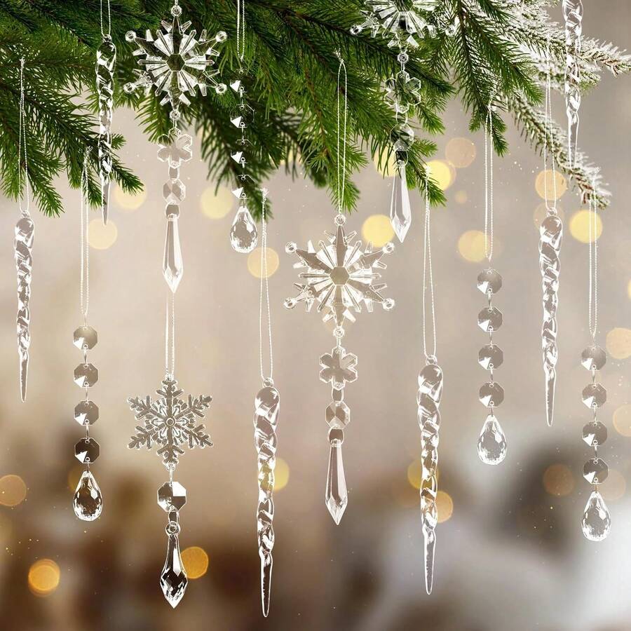 Crystal Clear Christmas Ornaments Acrylic Snowflake Icicles Pendants Winter Party Holiday Xmas Tree Hanging Decorations