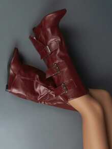 款式与上衣，时尚女式及膝靴尖头红色折叠坡跟靴拉链高跟鞋扣装饰复古街头风格设计师长靴 - 酒紅色 - 查看 8